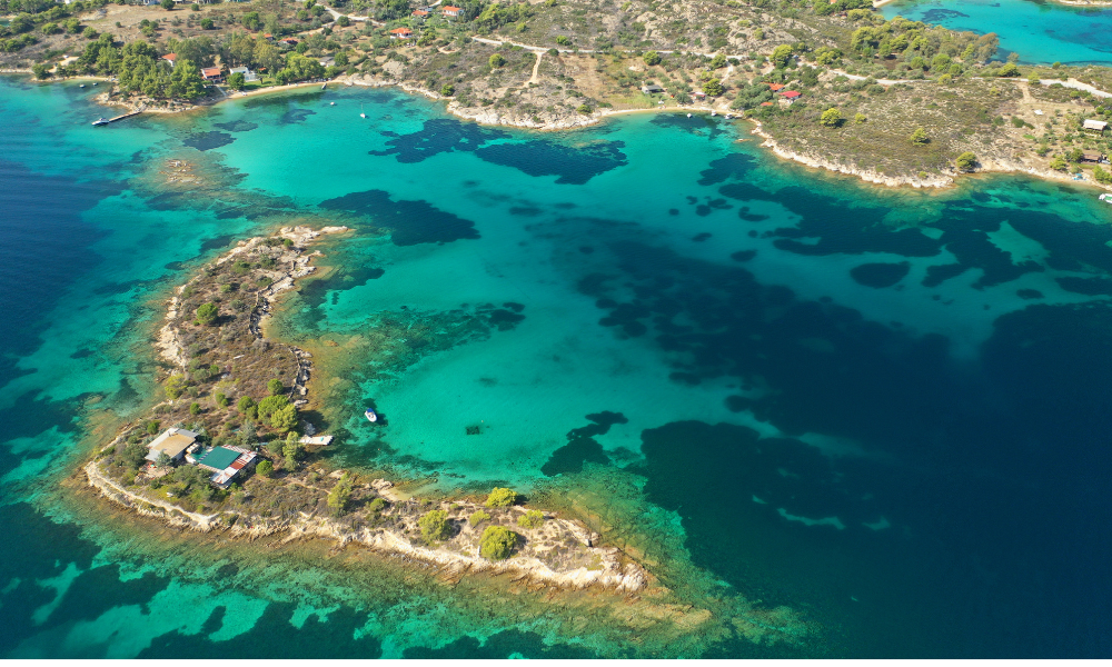 Elia beach in Sithonia, Halkidiki from above with crystal clear blue waters